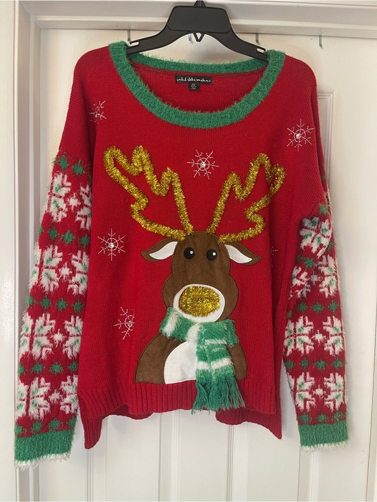 united states sweaters Sweaters - Women’s Red Holiday Reindeer Sweater with Green Trim XL